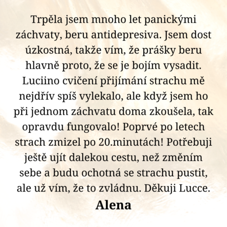 Trpěla jsem mnoho let panickými záchvaty, beru antidepresiva. Luciin kurz Klíč k tvému vnitřnímu klidu mi pomohl postupně se zklidňovat a najít v sobě vnitřní sílu. Vím už, že se bojím své strachy pustit, ale tento kurz a Lucky příjemné a profesionální provázení mě nesmírně posunulo. Děkuji! Alena